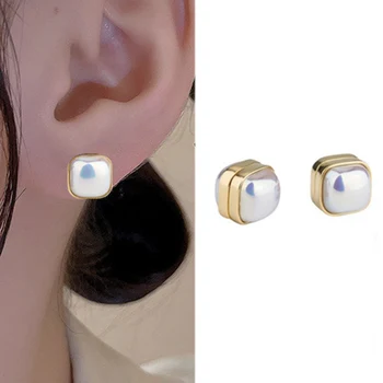 Имитация на перлено сърце форма жени и мъже уши шипове не ухо дупка ухо клип модни бижута с магнитни квадратни слушалки - Изображение 2  