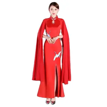 китайски стил жени секси вечерни рокли дълъг ръкав qipao червено синьо дама vestido отворен цепка модерни парти рокли ориенталски рокля - Изображение 1  