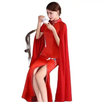китайски стил жени секси вечерни рокли дълъг ръкав qipao червено синьо дама vestido отворен цепка модерни парти рокли ориенталски рокля - Изображение 2  