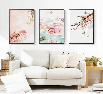 китайски стил реколта цвете пейзаж платно живопис розова слива цвят китайски древна къща плакат стена изкуство картина у дома - Изображение 1  