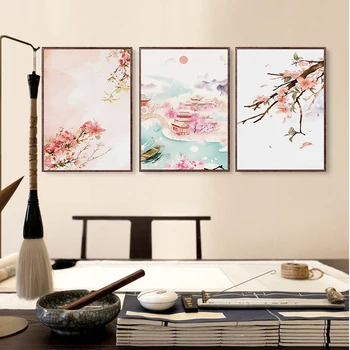 китайски стил реколта цвете пейзаж платно живопис розова слива цвят китайски древна къща плакат стена изкуство картина у дома - Изображение 2  