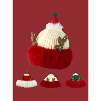 Коледен подарък Сладки рога Червена вълнена шапка за деца Есен/зима Плюшена шапка за защита на ушите за студенти Топла плетена шапка - Изображение 1  