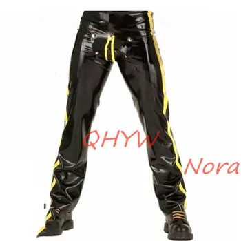 латексов мъжки панталон с преден накрайник Ръчно изработени гумени панталони Косплей костюм черен с жълт - Изображение 1  