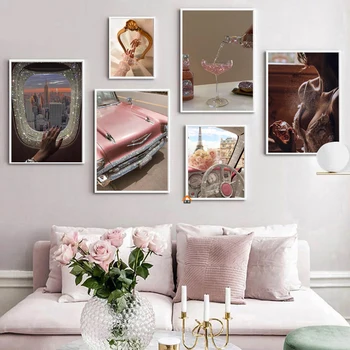 Луксозен парфюм жени ретро розова кола шампанско Bling изкуство Париж плакат картини декоративни отпечатъци платно стена баня дома декор - Изображение 2  
