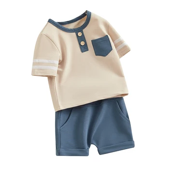 Малко дете бебе момче дрехи цвят блок къс ръкав риза шорти набор сладък летни екипировки бебе момчета облекло - Изображение 2  