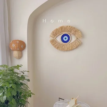 марокански ръчно тъкани дяволско око стена декор дървени мъниста слама тъкани хол диван фон вход стена висящи декорация - Изображение 1  