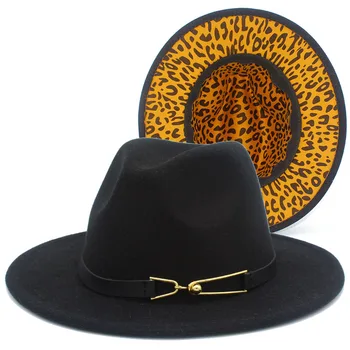 Мода Fedora шапки жени мъже Trilby капачки Fedoras кожен колан джаз шапка дама вътрешен леопард дерби шапка дама филц вентилатор шапки - Изображение 2  
