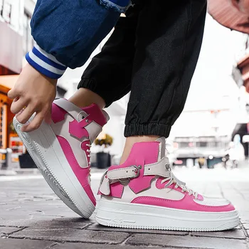 Модерен розов висок връх дамски скейт обувки Streetwear Zip мъжки скейтборд обувки мода удобни кожени платформа маратонки мъже - Изображение 2  