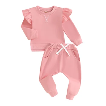 Новородено бебе момиче дрехи плътен цвят къдрици дълъг ръкав суитчър топ панталони комплект сладък пролет есен екипировки - Изображение 1  