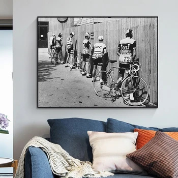 Реколта плакат черно-бял велосипед велосипедист печат платно картини улица стена арт картини за дома декор без рамка - Изображение 1  