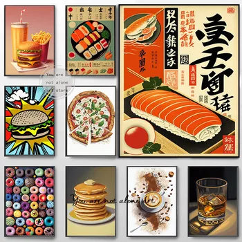 Ретро стил Хранителни напитки Японско суши, пица, улични такос, кафе, палачинка изкуство плакат платно живопис стена печат картинадомашен декор - Изображение 1  