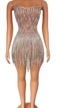 Секси Rhinestone бормашина верига рокля мини ресни дизайн без ръкави без гръб рожден ден етап износване Drag Queen Outfit 2022 Нова нощ - Изображение 1  