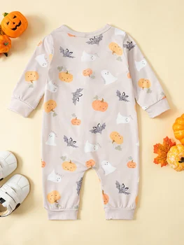Сладък костюм от тиква за Хелоуин за бебе момче или момиче - Уютен гащеризон с дълъг ръкав, идеален за есента и зимата - Изображение 2  
