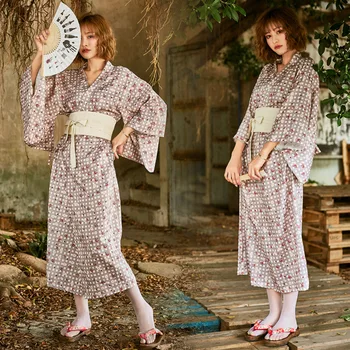Традиционно японско кимоно Хелоуин костюми за жени Аниме Cosplay Домашно облекло Lounge Wear Изпълнение Халат Plaided Loose - Изображение 2  