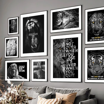 Черен бял лъв тигър леопард звяр цитати скандинавски плакати и отпечатъци стена изкуство платно живопис картини за хол декор - Изображение 1  