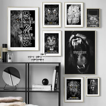 Черен бял лъв тигър леопард звяр цитати скандинавски плакати и отпечатъци стена изкуство платно живопис картини за хол декор - Изображение 2  