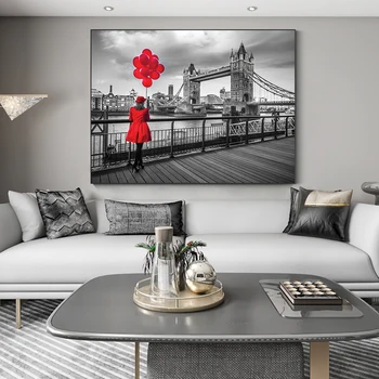 Черно и червено Лондон мост плакати и отпечатъци модерна живопис платно Cuadros скандинавски стена картина за хол декор - Изображение 1  