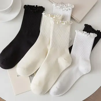 1 чифт дамски чорапи къдрици средна тръба глезена високо shirring ръб чорапи висока еластичност пот абсорбция дама четири seaons чорапи - Изображение 1  