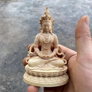 10.8 * 7.3 * 5.3cm ръчно изработени будистки Boxwod зелено / бяло Тара Буда дърворезба събира богатство ръчни парчета талисман украсяват занаяти - Изображение 2  