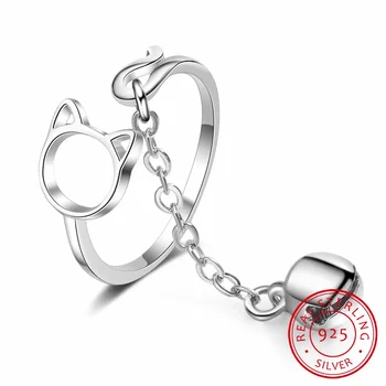 100% 925 стерлинги сребърен карикатура котка камбана отворени пръстени за жени творчески сладък стил момиче фини бижута подарък - Изображение 1  