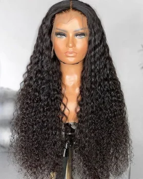 180Плътност 26inch Preplucked Glueless Soft Kinky Curly Black Lace Front Wig за африкански жени Бебешка коса топлоустойчива Daily - Изображение 2  