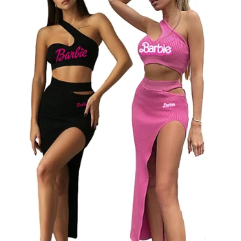 2Pcs аниме Барби мода момичета отпечатани едно рамо жилетка страна сплит рокля костюм аниме Kawaii всички мач жени Crop Top пола подарък - Изображение 2  