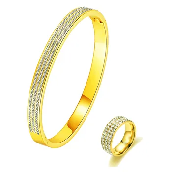 316L неръждаема стомана прост микро комплект двоен ред кристал широка гривна пръстен елегантен и очарователен комплект сватбени бижута - Изображение 1  