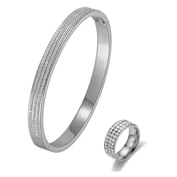 316L неръждаема стомана прост микро комплект двоен ред кристал широка гривна пръстен елегантен и очарователен комплект сватбени бижута - Изображение 2  