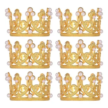 6Pcs Gold Mini Crown Cake Topper Small Crystal Pearl Cupcake Toppers Tiara Small Cupcakes Crown Metal For Wedding Birthday - Изображение 1  