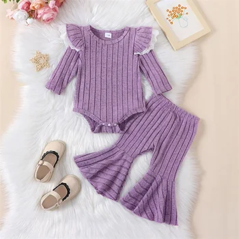 Baby Girl Pants Set Outfits Infant Ribbed Knit Rompers Flare Pants Infant Girl Fall Winter Spring Clothes - Изображение 1  