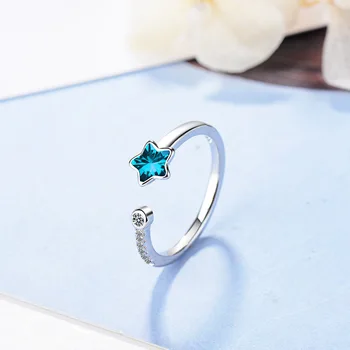 Blue Crystal Star отваряне пръстен за жени момиче подарък 925 стерлинги сребро микро цирконий пръстен anillos anel S-R368 - Изображение 2  