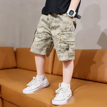 Boys Clothing Summer New Kids Loose Fashion Casual Trend Korean Version Letter Printed High Waist Spliced Pocket Cargo Shorts - Изображение 1  