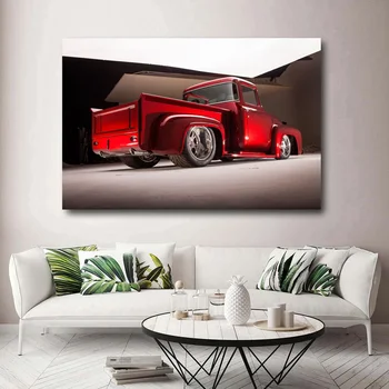 Ford F100 Пикап Red Street Rod Hotrod реколта кола плакати и отпечатъци платно стена изкуство живопис за дома хол декор - Изображение 2  