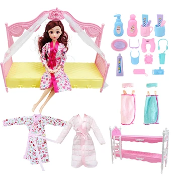Kawaii Princess Bed with Bathrobe Bathtowel and 21pcs Аксесоари за кукли Барби Дрехи за 30 см кукла подарък момиче детска играчка - Изображение 1  