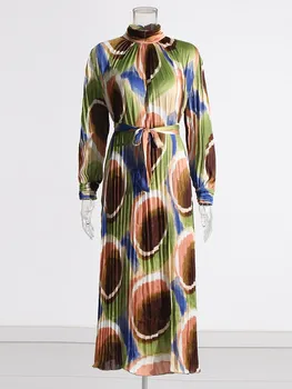 KBQ-елегантен печат снаждане дантела нагоре рокля за жени, стойка яка, дълъг ръкав, висока талия, плисиран, хит цвят, женска мода - Изображение 2  