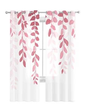Leaf растение селски стил ахат зелен розов градиент тюл завеси хол отвесни прозорци обработки Voile завеси с втулки - Изображение 2  