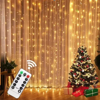 LED гирлянд завеса светлини 8 режима USB дистанционно управление фея светлини низ сватба Коледа декор за дома Рамадан фестивал лампа - Изображение 1  