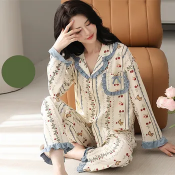 M-4XL Дамска есенна зимна пижама дълъг ръкав Дрехи за дома корейски хлабав голям размер нощно облекло комплект памук спално облекло женски костюм - Изображение 2  