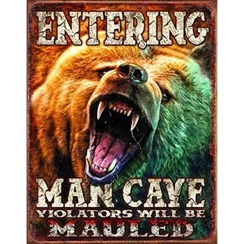 Man Cave - Grizzly Tin Sign - носталгичен реколта метален стенен декор - Изображение 1  