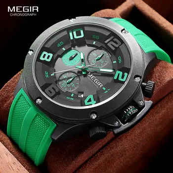 MEGIR Спорт голям кварцов часовник мъже мода зелен силиконова каишка водоустойчив хронограф ръчен часовник с автоматична дата светещи ръце - Изображение 1  