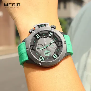 MEGIR Спорт голям кварцов часовник мъже мода зелен силиконова каишка водоустойчив хронограф ръчен часовник с автоматична дата светещи ръце - Изображение 2  