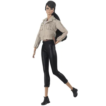 NK 1 бр. Модни есенни дрехи за кукла Барби Облекло за 1/6 BJD кукла сиво яке черни панталони за 1:6 кукли аксесоари - Изображение 2  