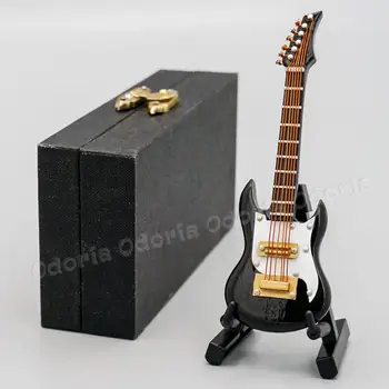 Odoria 1:12 Miniaure черна електрическа китара със стойка и дървена кутия Няма музикален инструмент, който може да се играе Аксесоари за кукли Играчка - Изображение 2  