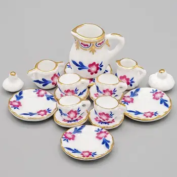 Odoria 1:12 Миниатюрни 15PCS порцелан Chintz чай чаша комплект чайник Teaware кухня кукла къща аксесоари кукла къща декорация - Изображение 1  