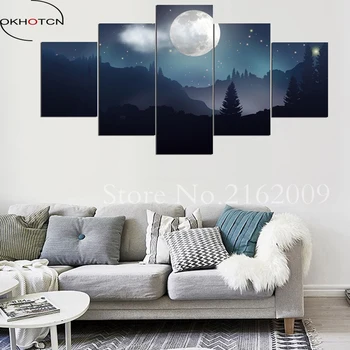 OKHOTCN 5 парче стена платно изкуство тиха луна светлина нощ пълнолуние картини гора природа тъмно синьо декорация платно печат - Изображение 1  