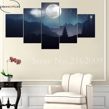 OKHOTCN 5 парче стена платно изкуство тиха луна светлина нощ пълнолуние картини гора природа тъмно синьо декорация платно печат - Изображение 2  