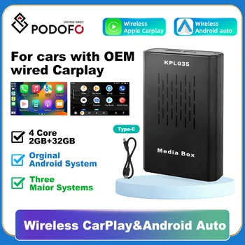 Podofo CarPlay Android Auto безжичен адаптер Smart Ai Box Plug And Play Bluetooth WiFi Auto Connect For Wired Android Auto Cars - Изображение 1  