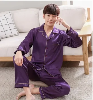 Silk Purple Sets - Shirt Sleep Спално облекло Мъжки размер Пижами Пролетно нощно облекло Халат Дрехи Панталони XXXL Есенна нощница 2бр Rayon - Изображение 1  