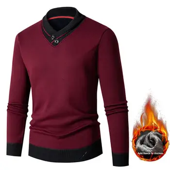 Slim Fit пуловер мъжки V врата плетен пуловер с контрастен цвят дебел еластичен топъл пуловер тънък годни термичен за есента - Изображение 1  
