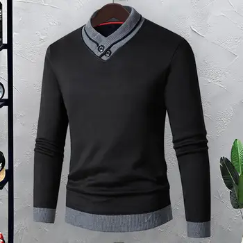 Slim Fit пуловер мъжки V врата плетен пуловер с контрастен цвят дебел еластичен топъл пуловер тънък годни термичен за есента - Изображение 2  